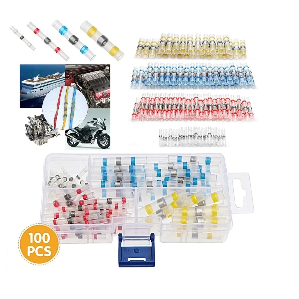 100 Uds. Conectores de Cable termorretráctil impermeables, funda de soldadura, Terminal de Cable eléctrico aislado a tope, Kits de conectores de soldadura