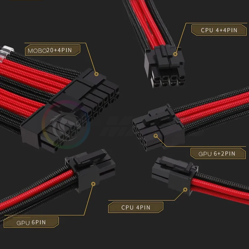 Barrow-Cable de extensión PSU para PC, fuente de alimentación de 24 Pines, ATX / GPU 6 + 2 pines/CPU 4 + 4 pines, 18awg, negro-blanco, negro-rojo, mezcla de colores - imagen 3