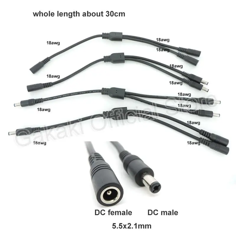 Cable divisor de alimentación de CC de 30cm, macho, hembra a 2 macho, 2 adaptadores de enchufe hembra, Cable de extensión de conector de 5,5mm x 2,1mm - imagen 3