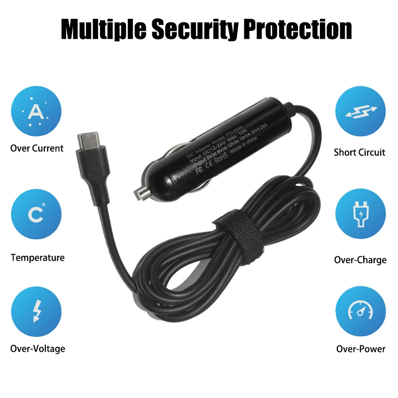 Cargador de coche Universal de 65W USB C 20V adaptador de coche encendedor de cigarrillos adaptador de fuente de alimentación de CC para Macbook Lenovo Asus Hp Laptop - imagen 3