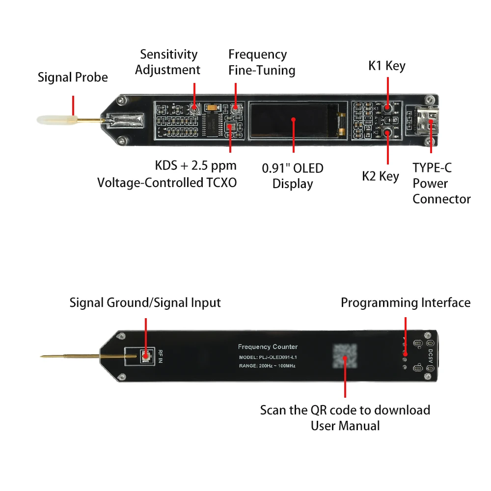 Contador de frecuencia DC 5V, probador de frecuencia de 200Hz ~ 100MHz, pantalla OLED de 0,91 pulgadas, herramienta de medición de frecuencia de alta precisión - imagen 2