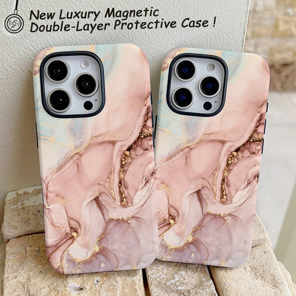 Funda de teléfono con patrón de mármol azul polvo para iPhone 16, 15, 14, 13, 12, 11 Pro Max Plus, funda trasera magnética de lujo de doble capa - imagen 4
