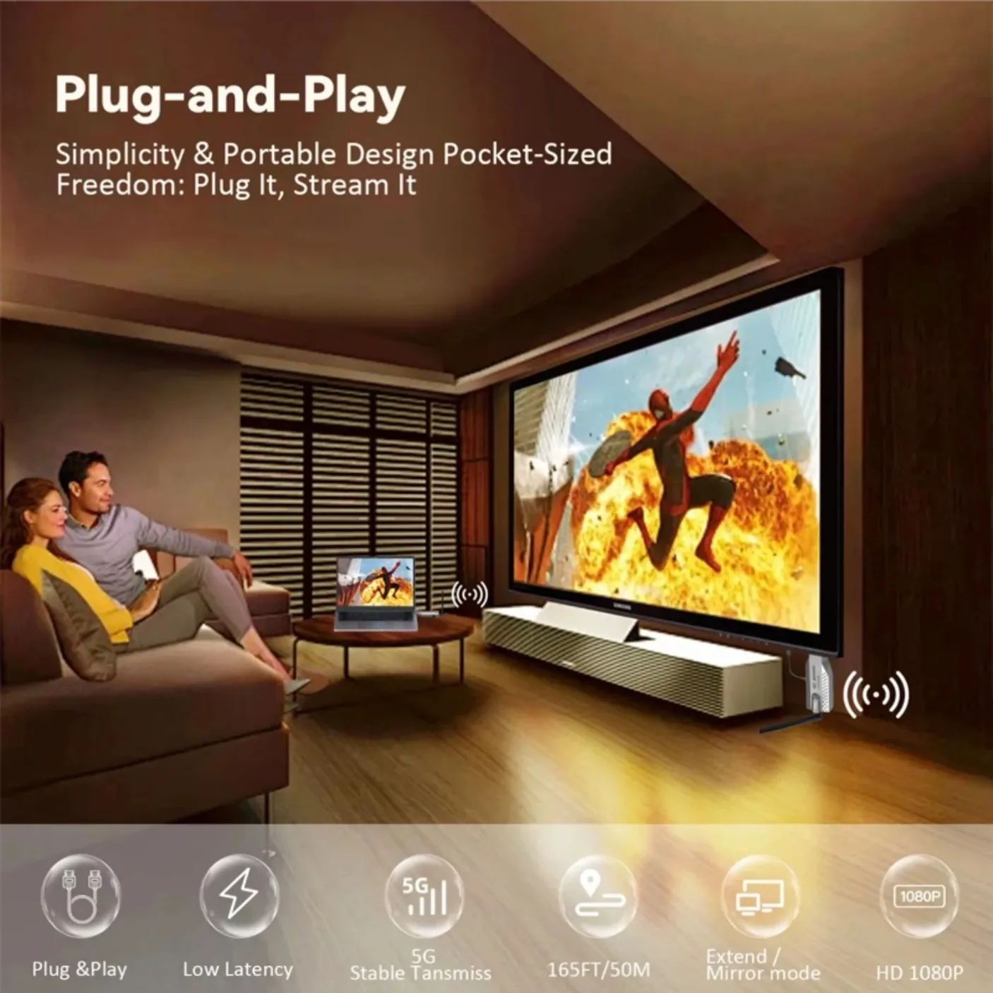 Receptor y transmisor de vídeo Compatible con HDMI, kit extensor inalámbrico 5G 100M, Dongle de TV, adaptador 1080P para TV Box, proyector y PC - imagen 3