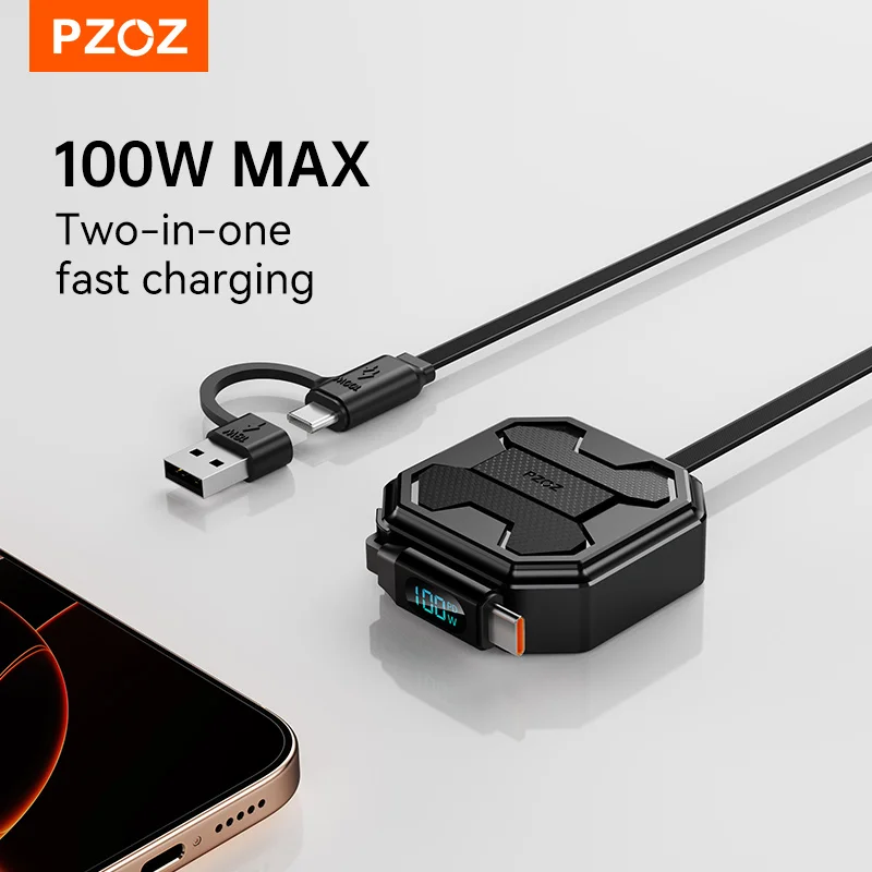 PZOZ 100W C to C Retractable Cable USB to Type C Lightning Digital Display PD Fast Charging Cable Data Wire For iPhone 17 16 14