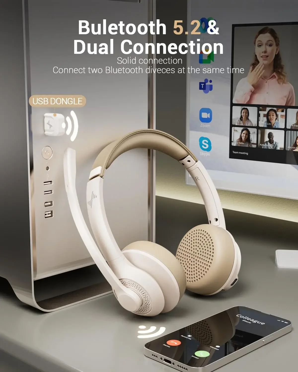 JIAMQISHI Auriculares inalámbricos con micrófono con cancelación de ruido AI Auriculares Bluetooth V5.2 con dongle USB para centro de llamadas Oficina EH02 - imagen 3