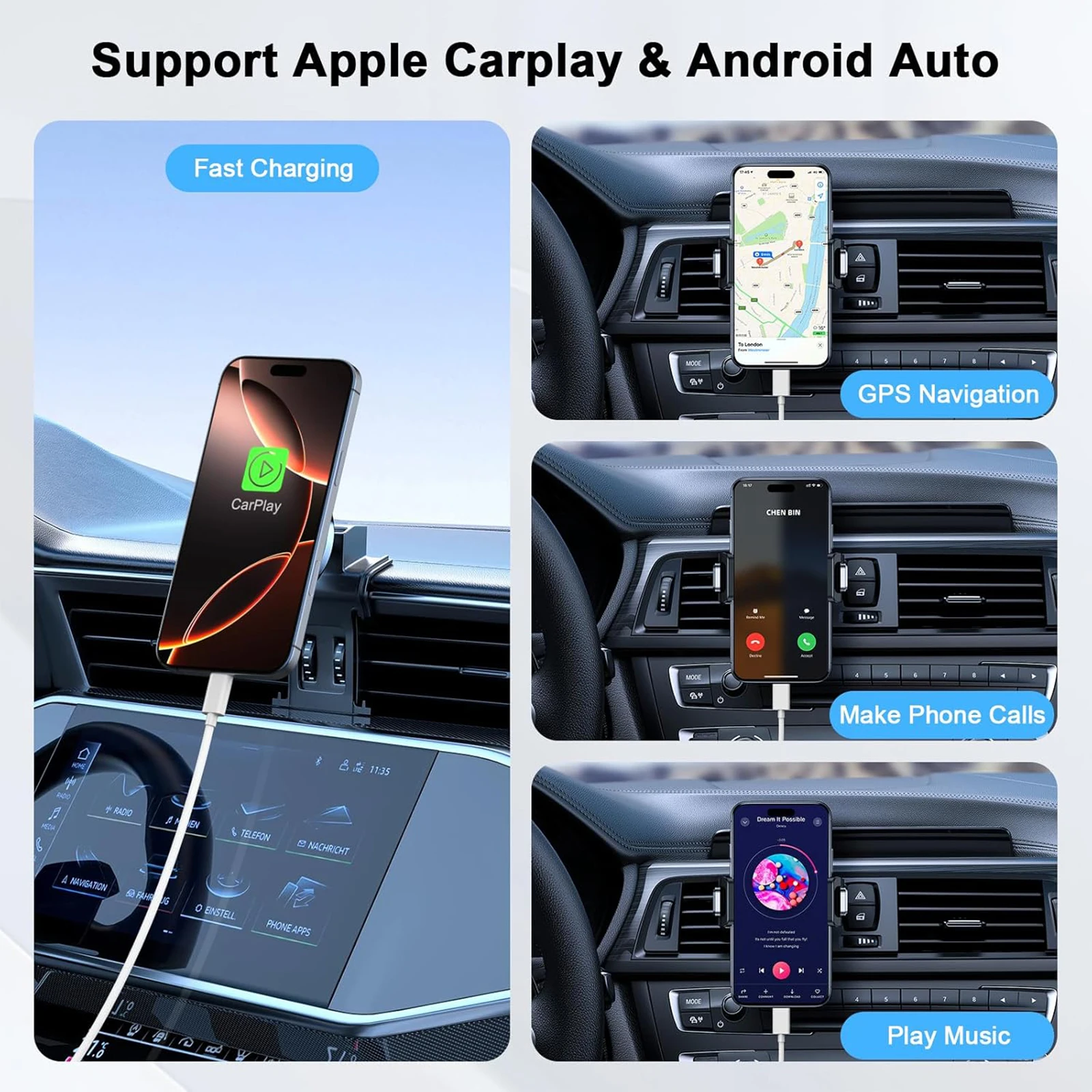 Cable Carplay de coche de 3 piezas para iPhone 16 15 Pro Max, cable de cargador de coche trenzado USB A a USB C para Samsung S23/22/21 Note20 y más. - imagen 3