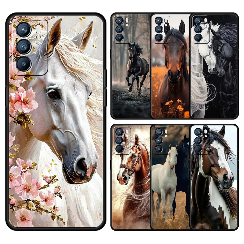 Funda para Oppo Reno13 Reno12 Reno11 F Reno10 Pro A54 A53 A95 A76 A57 A98 A80 A79 5G A78 4G cubierta negro blanco caballos galopando