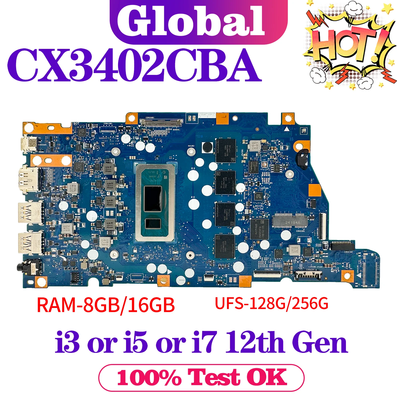 Placa base CX3402CBA CX3402 para placa base de ordenador portátil ASUS i3 i5 i7 12th Gen RAM-8GB/16GB UFS-126G/256G