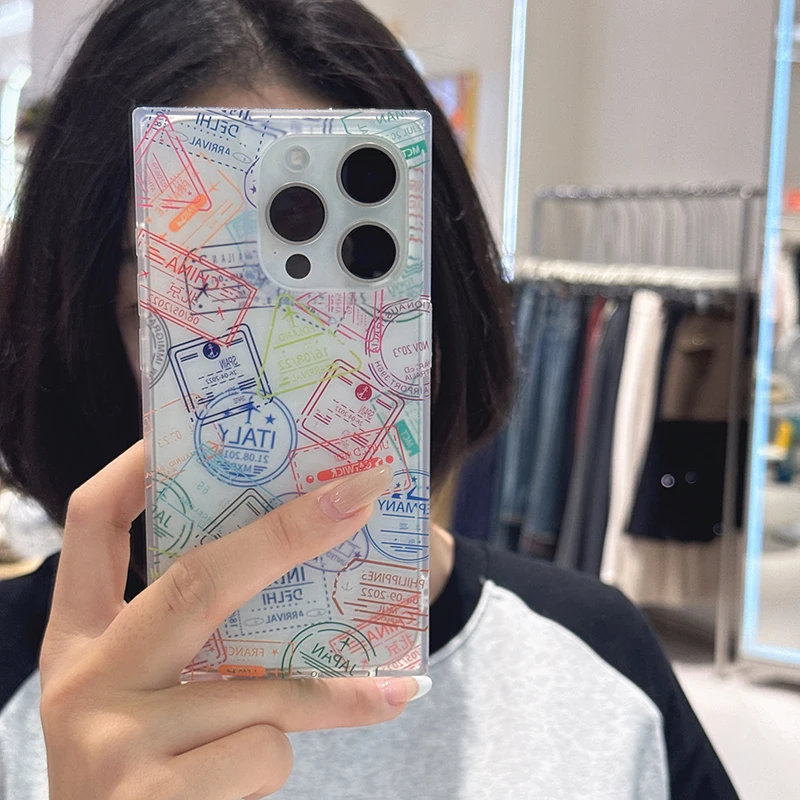 Ins elegante Nueva York Londres Italia etiquetas adhesivas funda de teléfono para iPhone 17 16 15 13 14 Pro Max cubierta trasera lateral transparente de ángulo recto - imagen 2