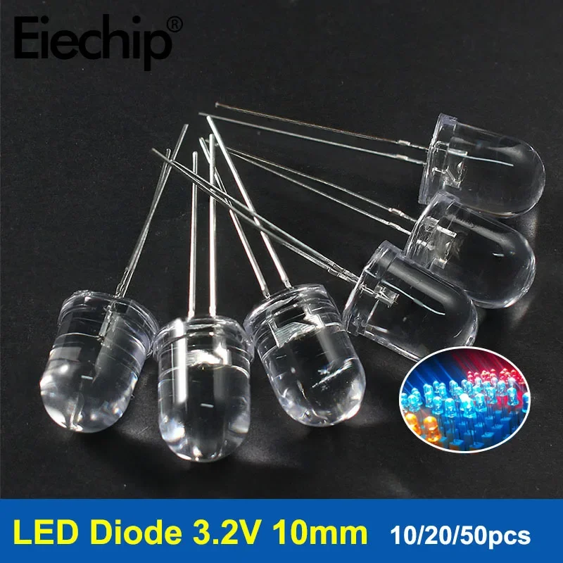 Diodo LED 3,2 V 10mm diodos LED emisores de luz iluminación individual blanco rojo verde azul amarillo para bombillas electrónicas Diy