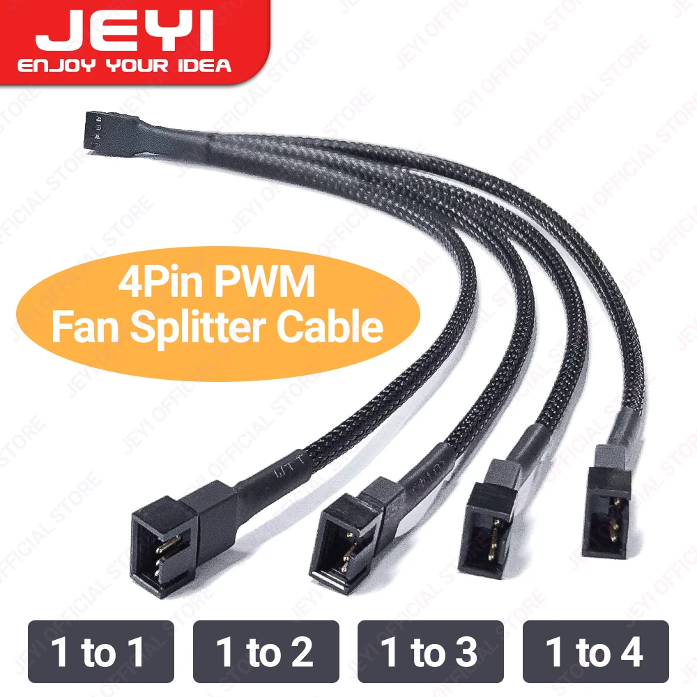 JEYI Cable de extensión divisor de ventilador de PC - Cable de alimentación de extensión trenzado de ventilador PWM de 1 a 4 para placa base, ventilador de CPU de computadora de escritorio