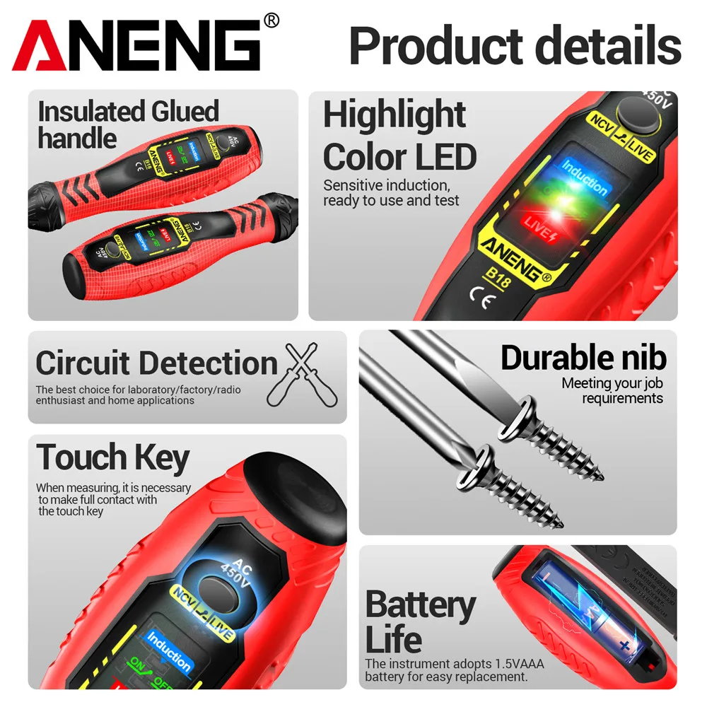ANENG B18 pluma de prueba de voltaje resaltado palabra/destornillador cruzado multifuncional NCV voltaje inducción electricista probador pluma herramientas - imagen 5