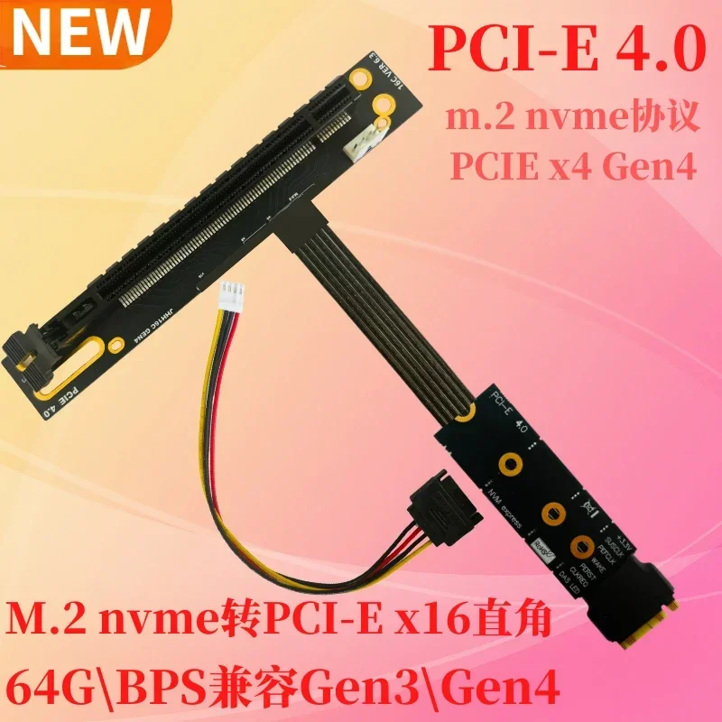64Gbs PCIE 4,0 16x tarjeta elevadora M2 M.2 NVMe M Key a PCI-E x16 Cable de extensión Gen4 X4 Riser SATA Power GPU extensor puente es CPU - imagen 4