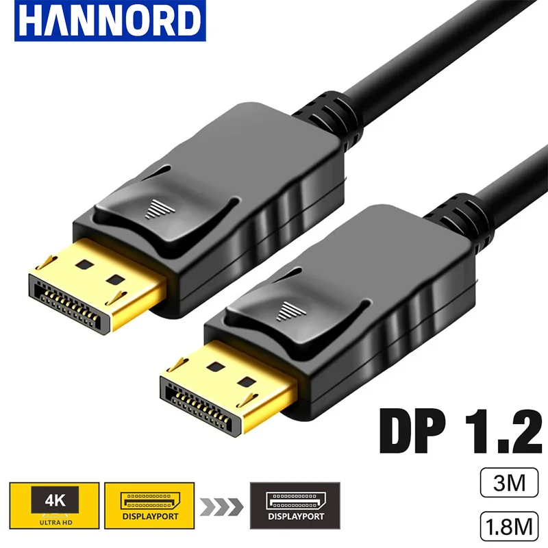 Hannord Displayport Cable DP a DP 4K 60Hz Puerto de pantalla 1,2 Adaptador de cable de audio 3m 5m para TV Box Laptop PC Cable de proyector