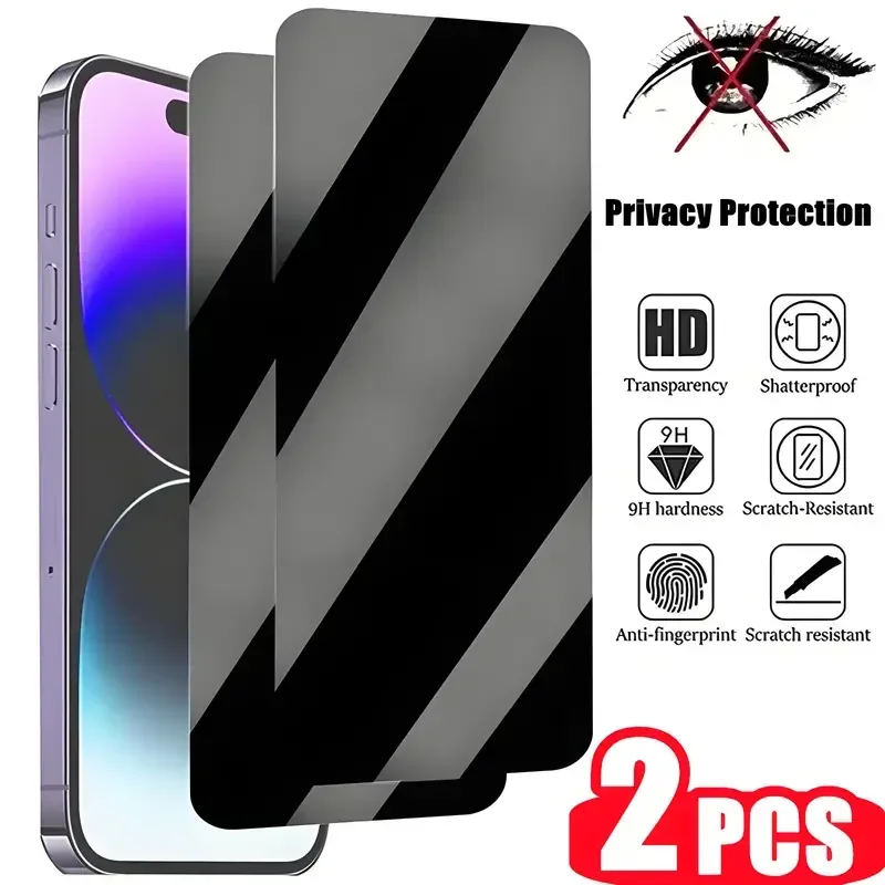 Protector de pantalla de privacidad de cubierta completa, 2 uds., para iPhone 14, 15, 16 Pro Max, vidrio antiespía para iPhone 11, 12, 13 Pro Max