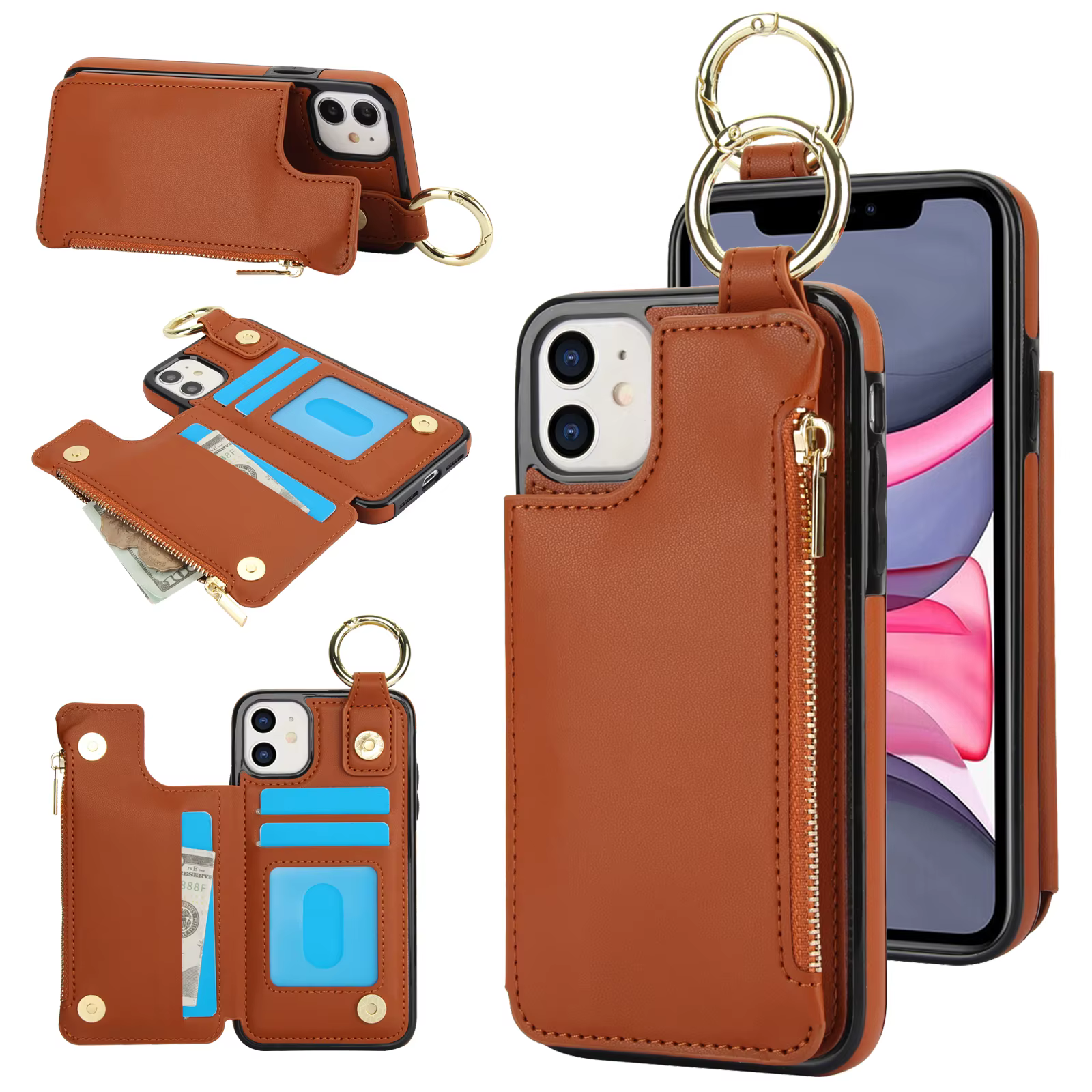 Funda de cuero con soporte de anillo para iPhone, funda magnética Rfid con doble hebilla para tarjetas, 15 Pro Max, 16 Plus, 14, 13, 12, 11 - imagen 2