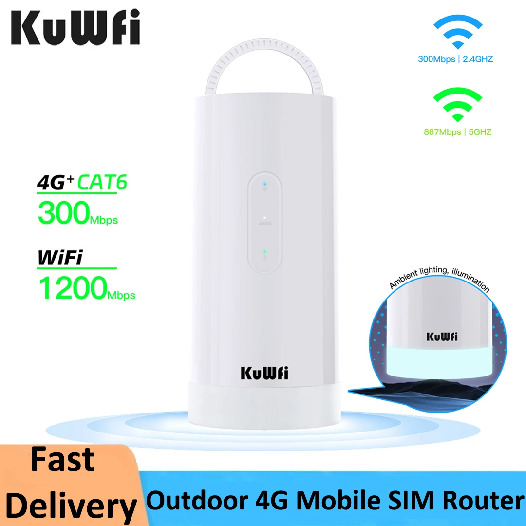 Enrutador KuWFi 4G LTE CAT6, 1200Mbps, WiFi de alta velocidad, 10000mAh, iluminación exterior de larga duración, enrutador de Camping, compatible con tarjeta SIM