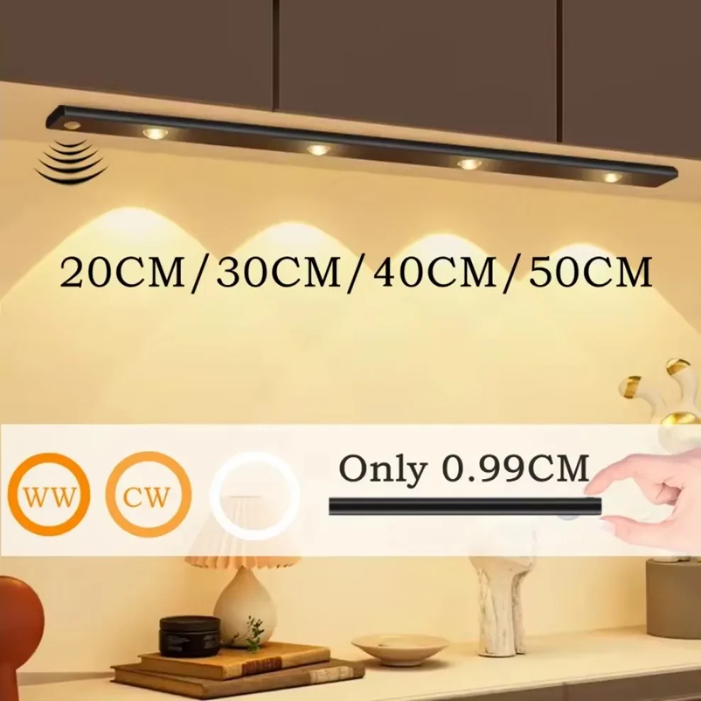 Luz LED nocturna con Sensor de movimiento regulable de 3 colores para iluminación de armario de cocina, lámpara recargable por USB de 20CM/30CM/40CM/50CM - imagen 5