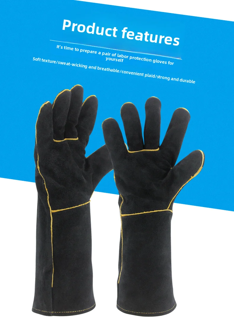 Guantes de trabajo de soldadura negros para jardinería/estufa de leña/antimordida/resistente/chimenea/barbacoa dividido de vaca resistente al calor - imagen 3