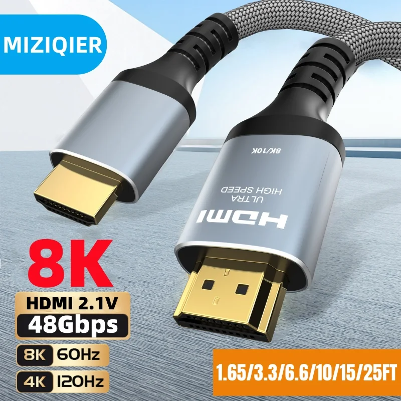 MIZIQIER Cables largos 8K HDMI 2,1, cable trenzado de ultra alta velocidad de 48Gbps-4K@120Hz 8K@60Hz para Roku TV/PS5/PS4/HDTV/RTX 3080 3090 - imagen 2