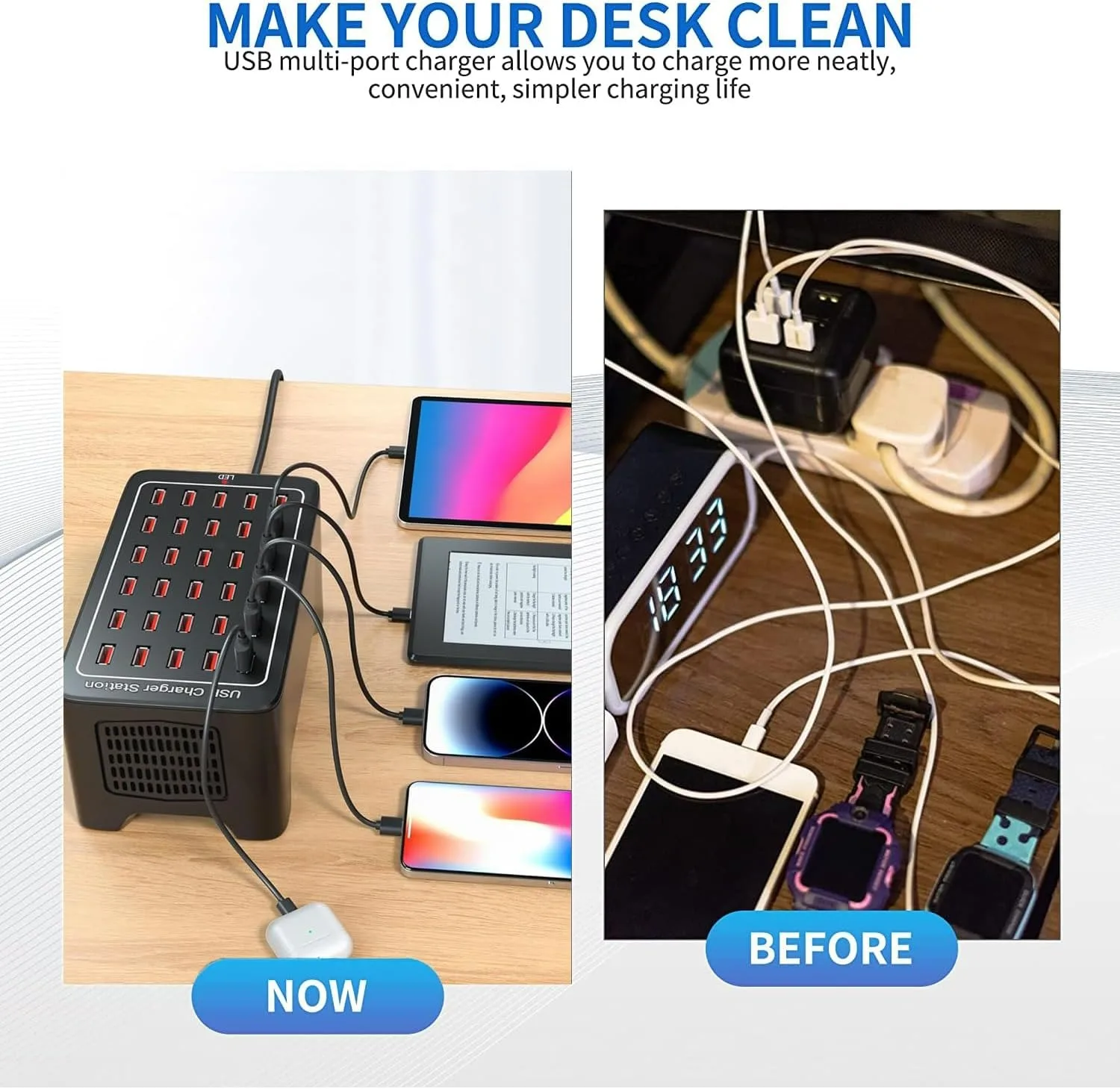 Cargador USB de 20/30 puertos, cargador USB inteligente de 100W/150W, concentrador de carga de escritorio, estación de carga multipuerto para Samsung/iPhone/iPad/Tab - imagen 5