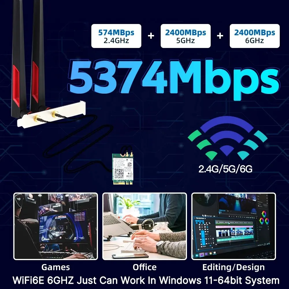 WiFi 6E AX210 M.2 Wireless Adapter 2.4G/5G/6GHz Bluetooth 5.3 Wi-Fi 6 AX210NGW NGFF 10DBI Antenna Set For Desktop/PC Win10/11 - imagen 3