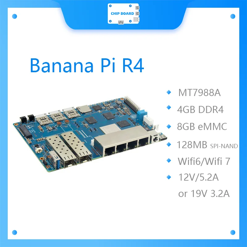 Placa Banana Pi BPI R4 Wifi 7 con diseño MTK MT7988A, 4G RAM y 8G eMMC integrados