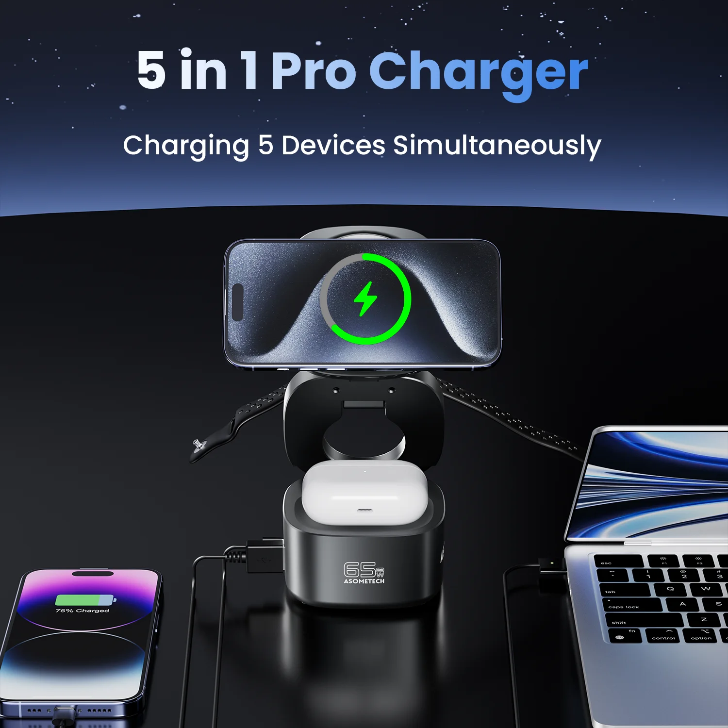 Soporte de cargador inalámbrico magnético 5 en 1 para iPhone 16/15/14 65W GaN estación de carga rápida para MacBook Apple Watch AirPods - imagen 5