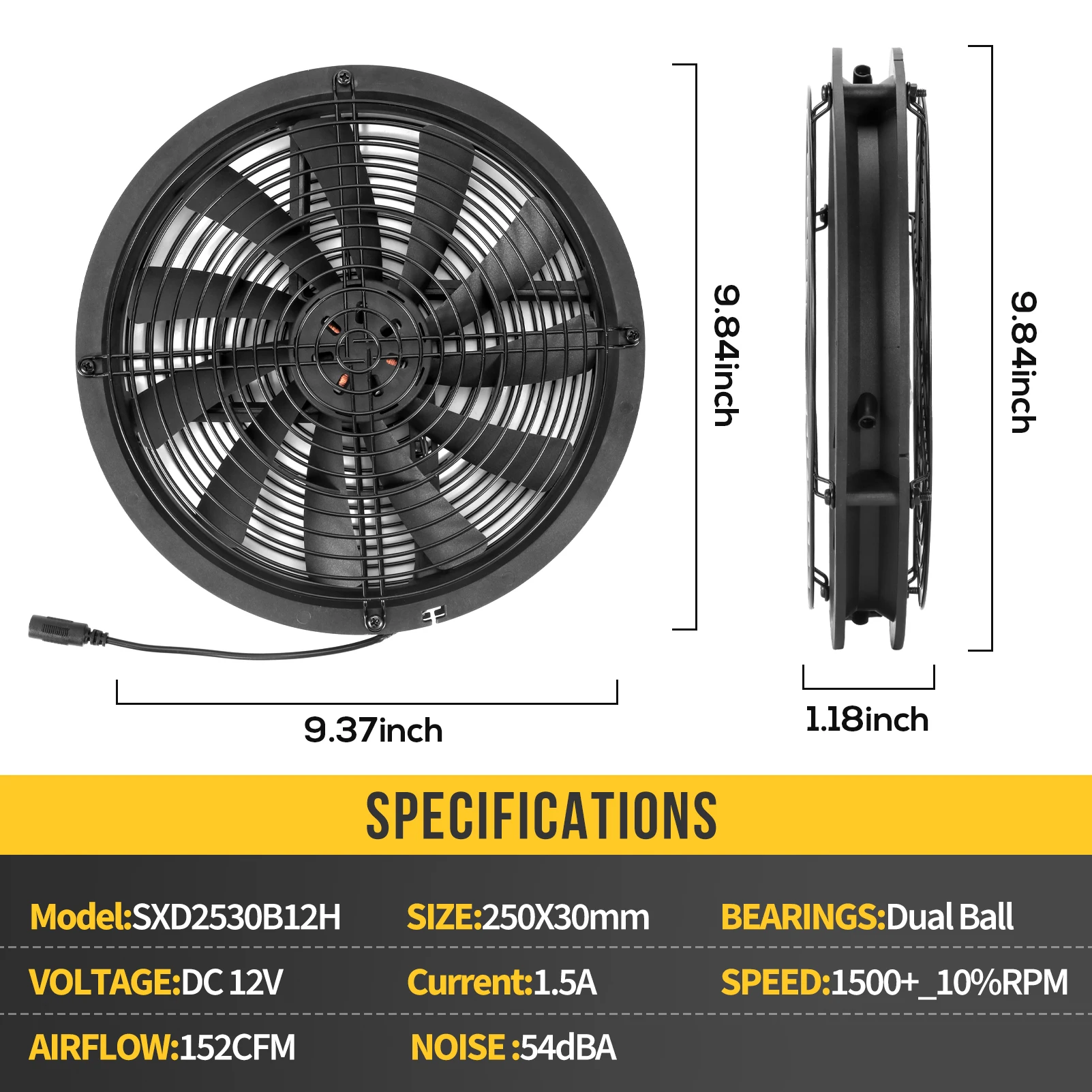 Ventilador DC 12V 250x30 mm para cultivo con control de velocidad - imagen 2