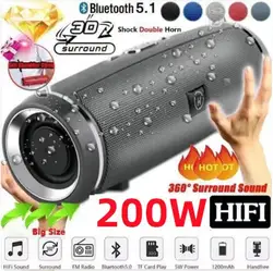 Altavoz Bluetooth portátil 200 W IPX7 con radio FM y sonido estéreo