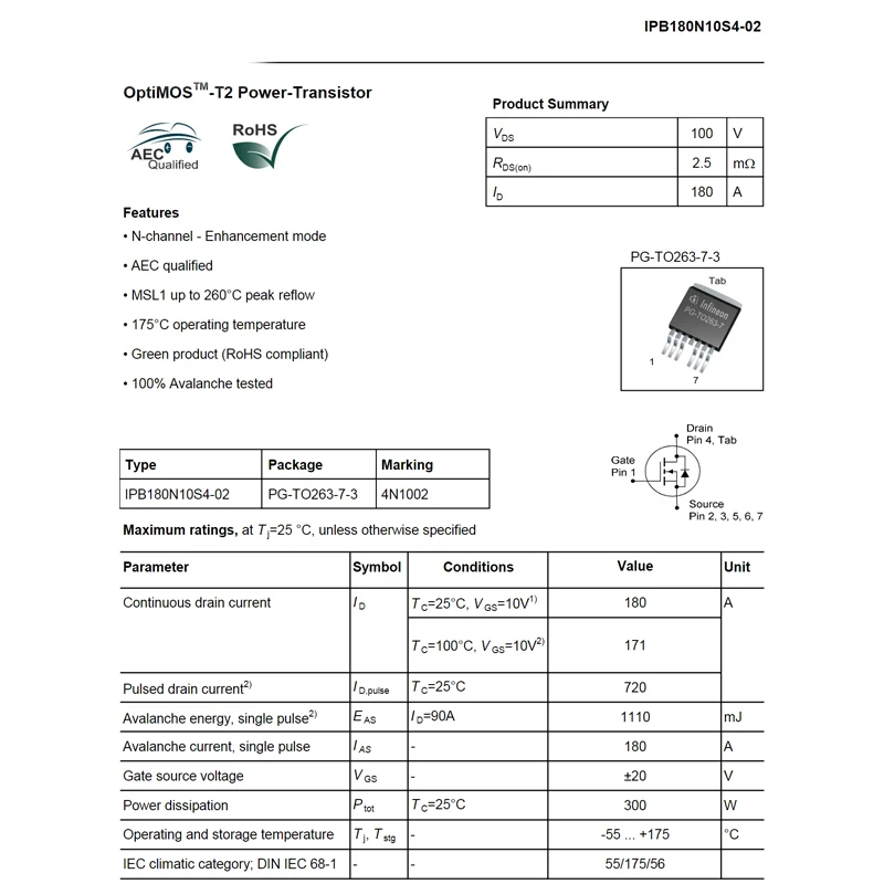 2 uds IPB180N10S4-02 4N1002 TO-263-7 N-canal 100v MOSFET transistor de efecto de campo de baja resistencia interna de alta corriente - imagen 2