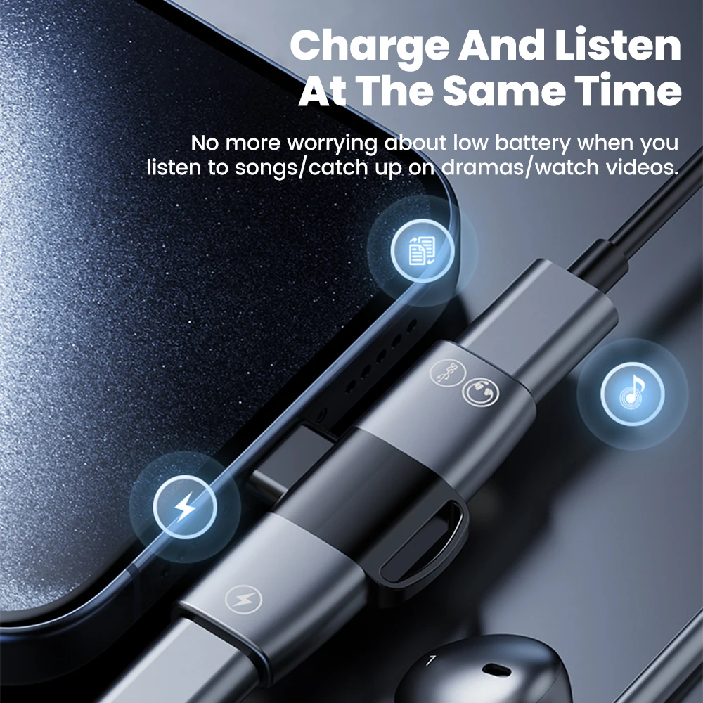 Adaptador de Audio 2 en 1 tipo C USB C a doble tipo C/3,5 MM Jack adaptador divisor de auriculares convertidor de carga USB C para iPhone 15 16 - imagen 3