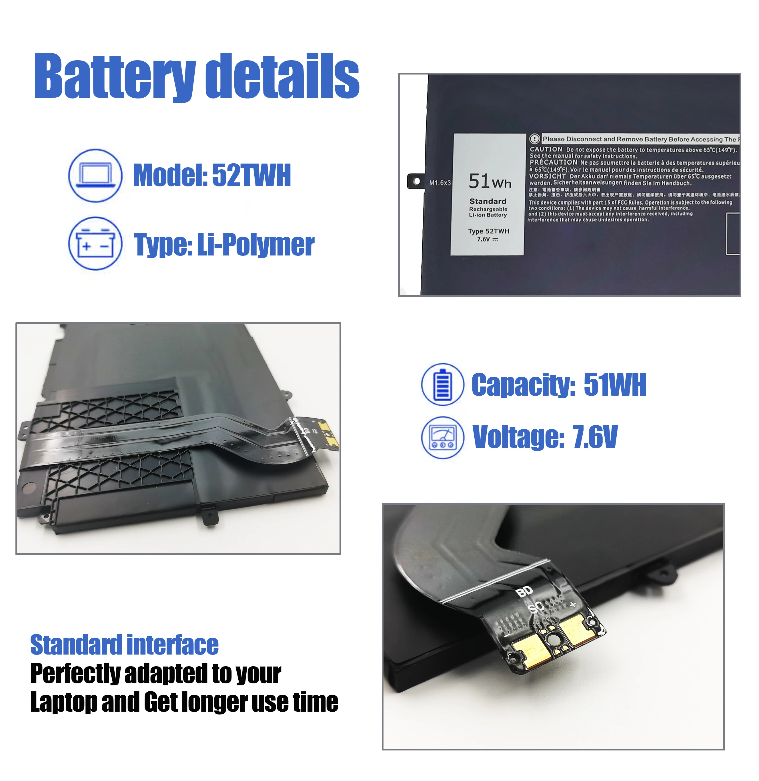Batería recargable de iones de litio para ordenador portátil, 52TWH, para d-ell X-PS 13, 7390, 9310, 2 en 1, P103G001, 52TWH, venta al por mayor - imagen 3