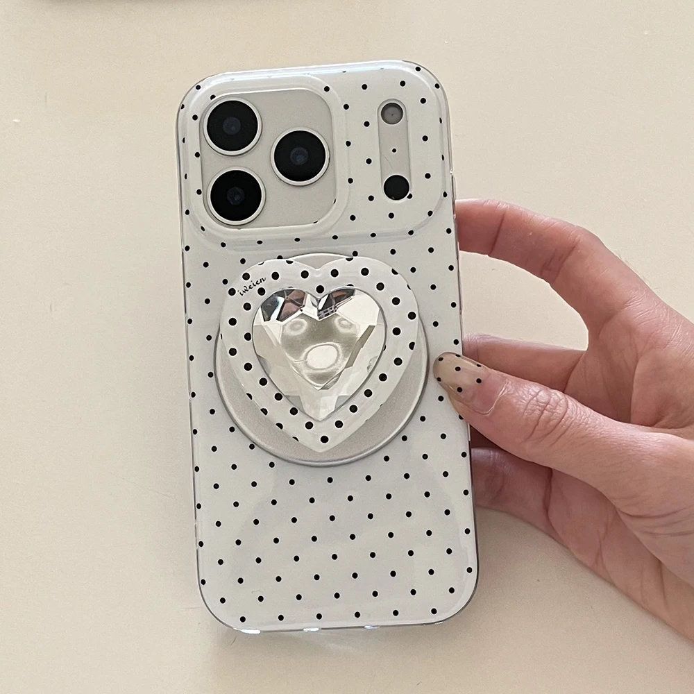 Funda de teléfono con carga inalámbrica magnética de lunares, color rosa, blanco y negro, corazón bonito en 3D, para iPhone 17 16 15 14 Pro Max, funda Magsafe - imagen 3