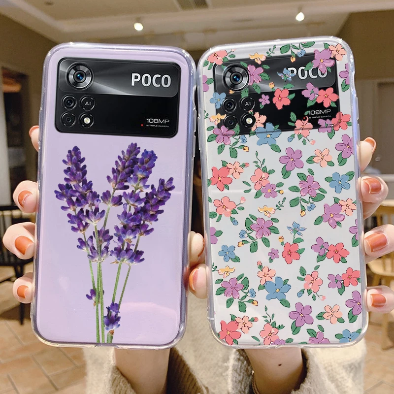 Para Poco X4 Pro 5G Funda de flores de silicona suave TPU Funda trasera de teléfono para Xiaomi PocoX4 Pro X4PRO Funda carcasa de parachoques transparente - imagen 2