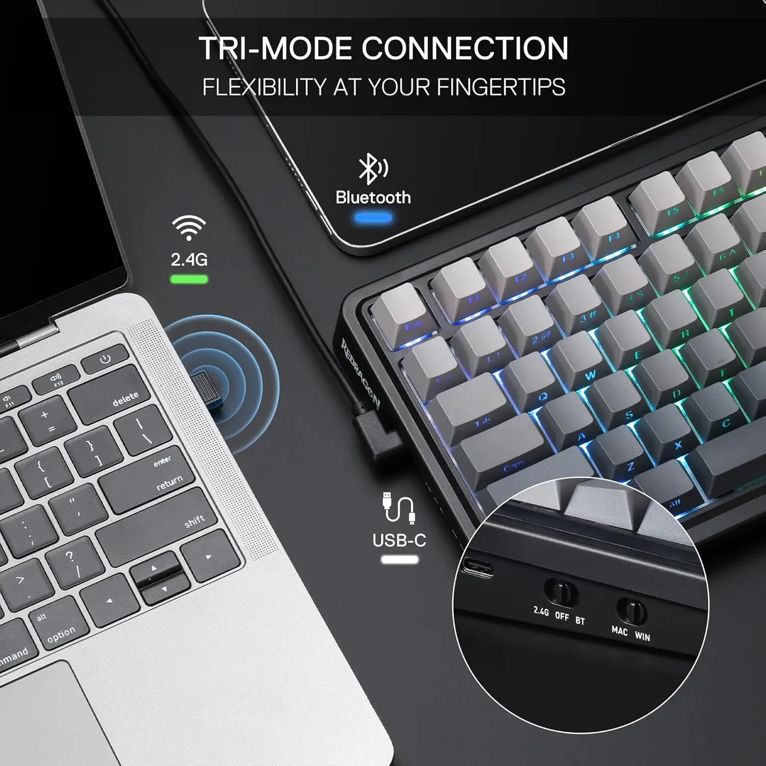 Redragon K686 PRO 98 teclas junta inalámbrica RGB Gaming 3 modos PBT Teclado mecánico intercambiable en caliente con enchufe RGB orientado al sur - imagen 3