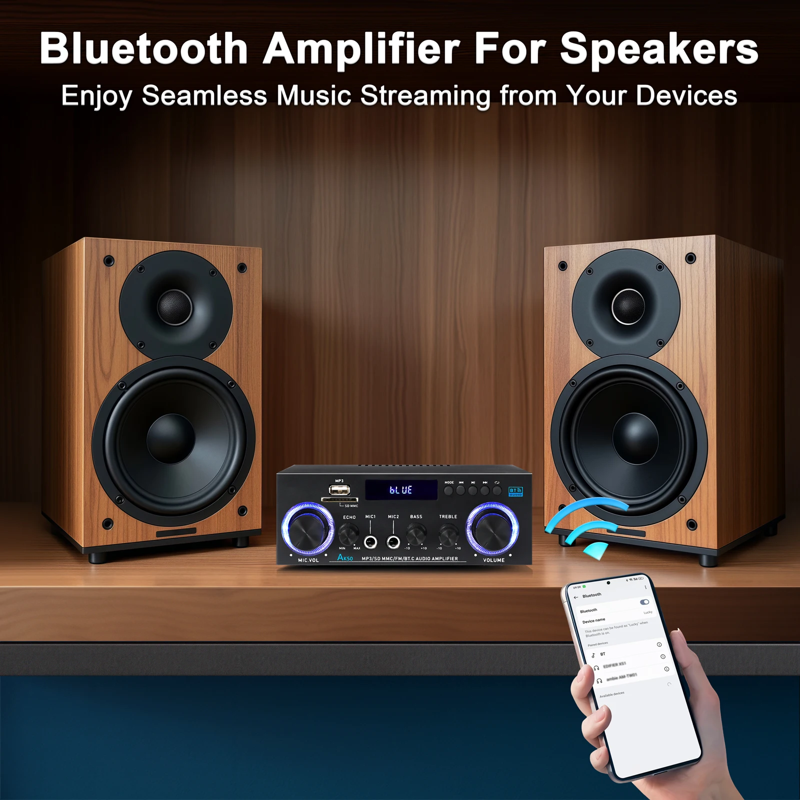 Woopker amplificador de Audio AK50 840W Bluetooth 5,3 2,0 canales HiFi amplificador de sonido estéreo Digital compatible con amplificador de coche doméstico 110V-240V - imagen 3