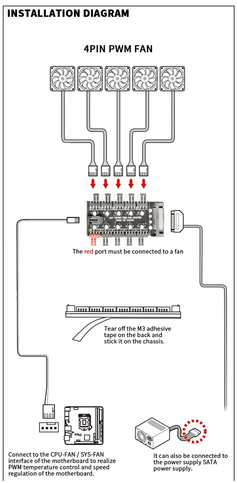 Placa base 1 a 10 HUB 4 pines PWM ventilador enfriador adaptador divisor extensión 12V SATA IDE fuente de alimentación grande puerto 4D controlador de PC - imagen 3