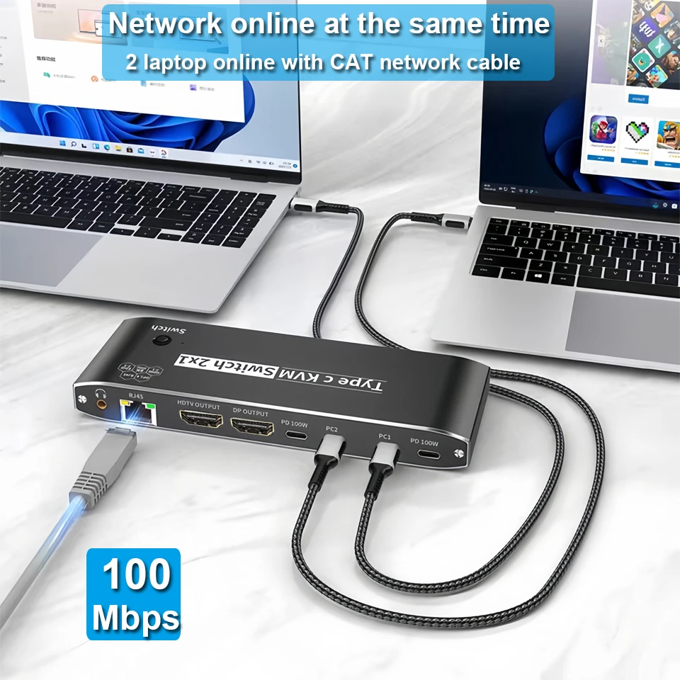 Navceker 2x2 4K 60Hz Thunderbolt 4 USB C KVM Switch Monitor dual RJ45 100W PD carga tipo C KVM Switcher para 2 portátiles 2 monitores - imagen 5