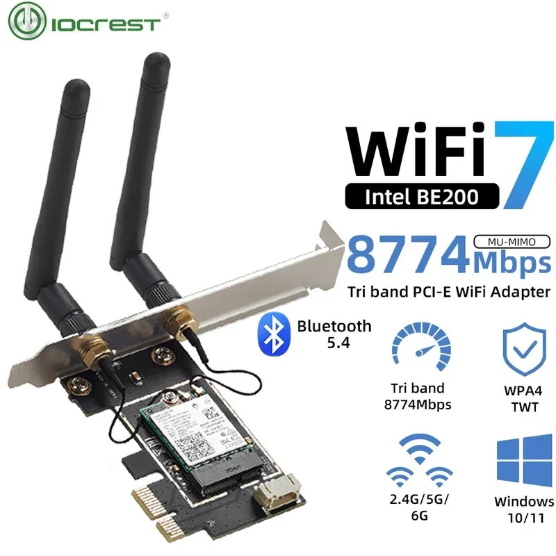 IOCREST WiFi inalámbrico 7 Intel BE200 PCI-E tarjeta de red Bluetooth 5,4 Tri Band 2,4G y 5G y 6GHz 8774Mbps BE200NGW Chip 802.11be