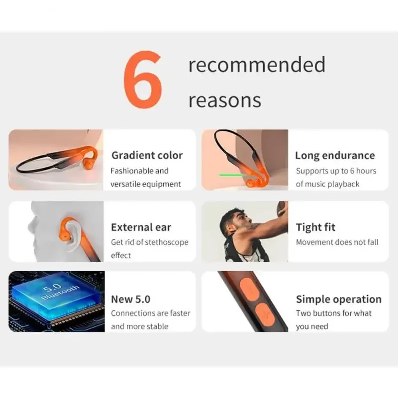 Auriculares deportivos inalámbricos de conducción ósea, cascos intrauditivos estéreo para exteriores con micrófono, gancho para la oreja de alta fidelidad, resistentes al agua Ip56 - imagen 5