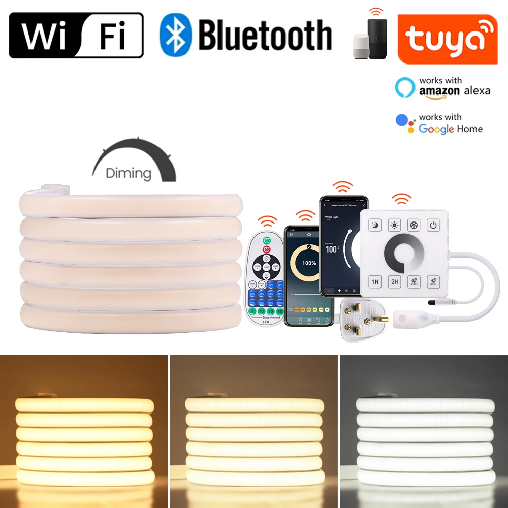 Tira de neón COB 220V Reino Unido impermeable 288Leds pared táctil remoto Bluetooth Wifi Control Flexible neón cuerda luz cinta Led regulable