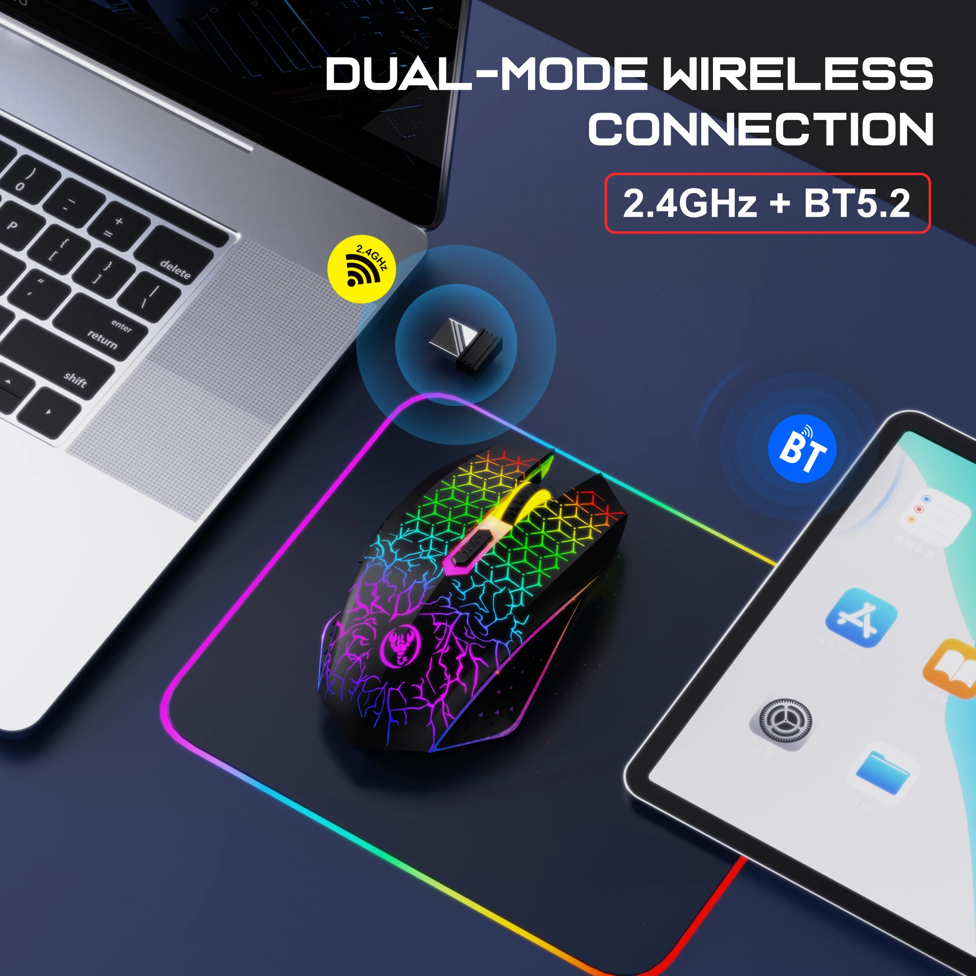 Ratón para juegos Bluetooth de modo Dual, recargable, 2,4G, USB, inalámbrico, retroiluminado RGB, para iPad, teléfono, tableta, ordenador portátil - imagen 2