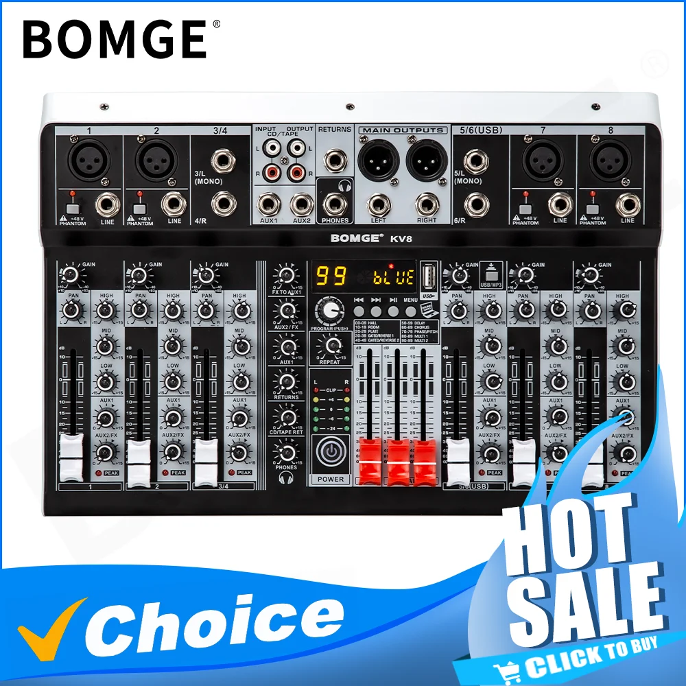 Mezclador de Audio profesional de 4, 6, 8 canales, consola mezcladora de sonido con interfaz USB, 99DSP, 48V, alimentación fantasma para grabar transmisión