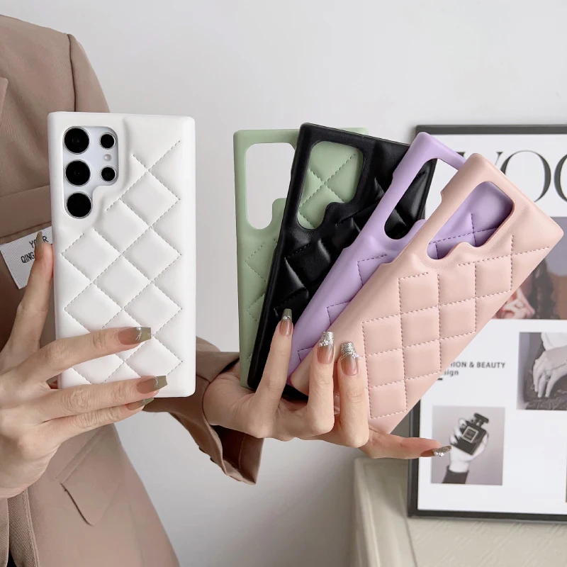 Funda de teléfono de lujo con rombos de cuero de Color sólido arriba y abajo sin bordes para Samsung S25 Ultra S23 S24 Ultra Plus - imagen 4