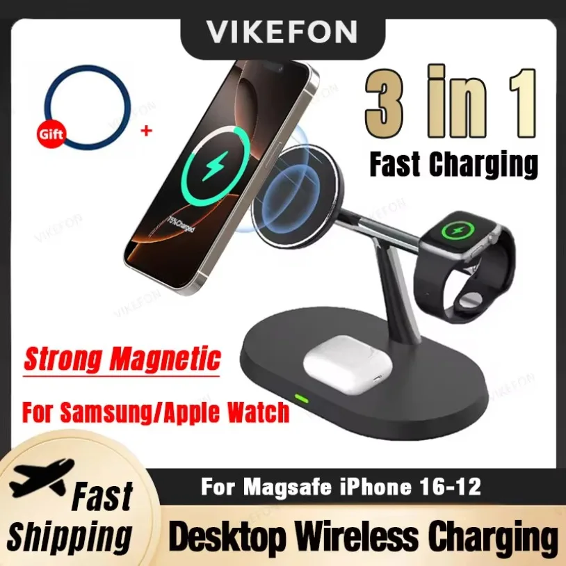 VIKEFON-buje de carga inalámbrico magnético para Magsafe iPhone 16-12 Pro Max Samsung Apple/Galaxy Watch Airpods/Buds, carga rápida