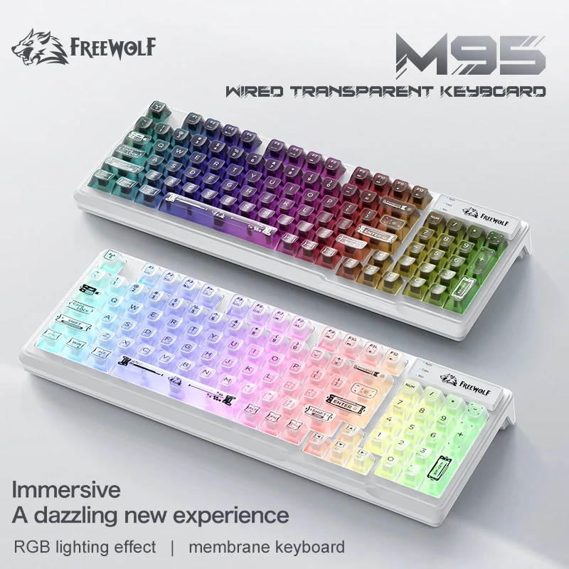 Teclado silencioso al 75% FREEWOLF M95 funda transparente esmerilada retroiluminada RGB, teclas de diseño de anime, silenciosas para juegos/oficina