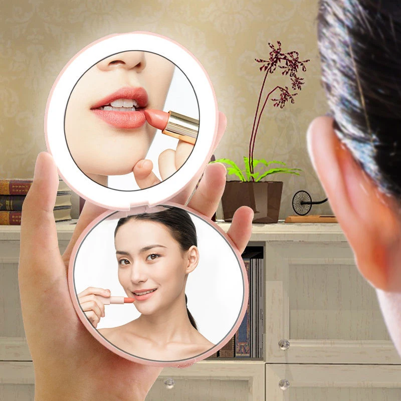 Espejo de maquillaje de viaje con LED, espejo compacto de 3,5 pulgadas iluminado, portátil de doble cara, plegable para bolso de bolsillo - imagen 2