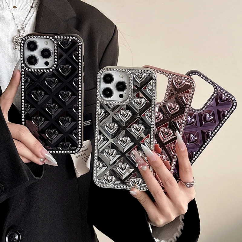 Funda de teléfono con borde de diamantes de imitación y purpurina de corazón de amor a la moda para iPhone 16 15 13 12 11 Pro Max 14 Plus, funda trasera chapada en TPU - imagen 5