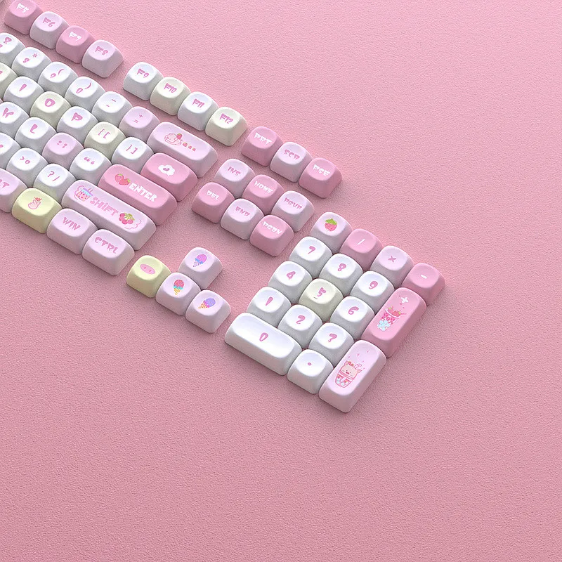 Tapa de tecla con cuentas de fresa, Material MOA PBT, juego completo pequeño DIY, 125 teclas, sublimación de tinte, corazón rosa para niña, bonitas tapas de teclado - imagen 2